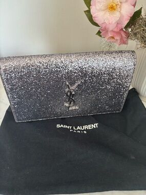 Saint Laurent Silver Glitter YSL Kate Envelope Clutch